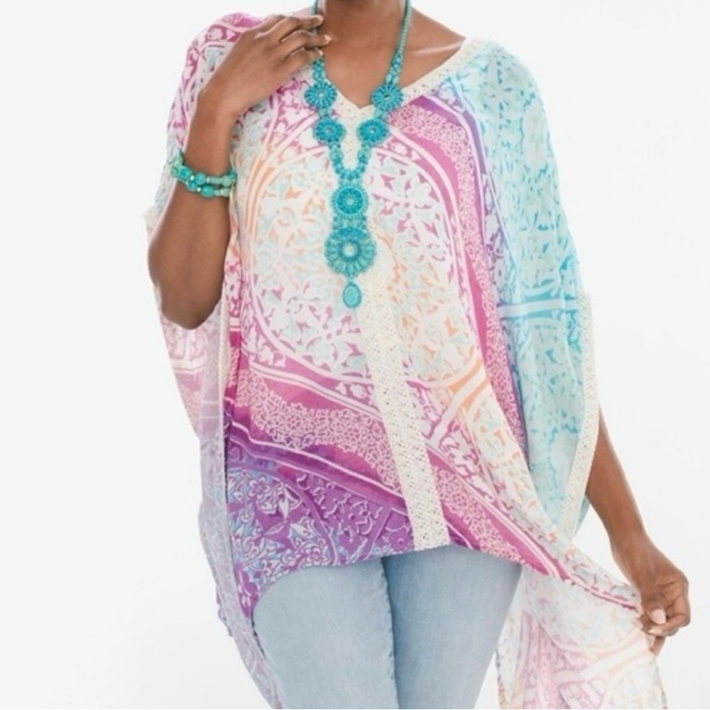 Chicos Bright Colorful Boho Rayon V Neck Poncho Top Size S/M pink purple